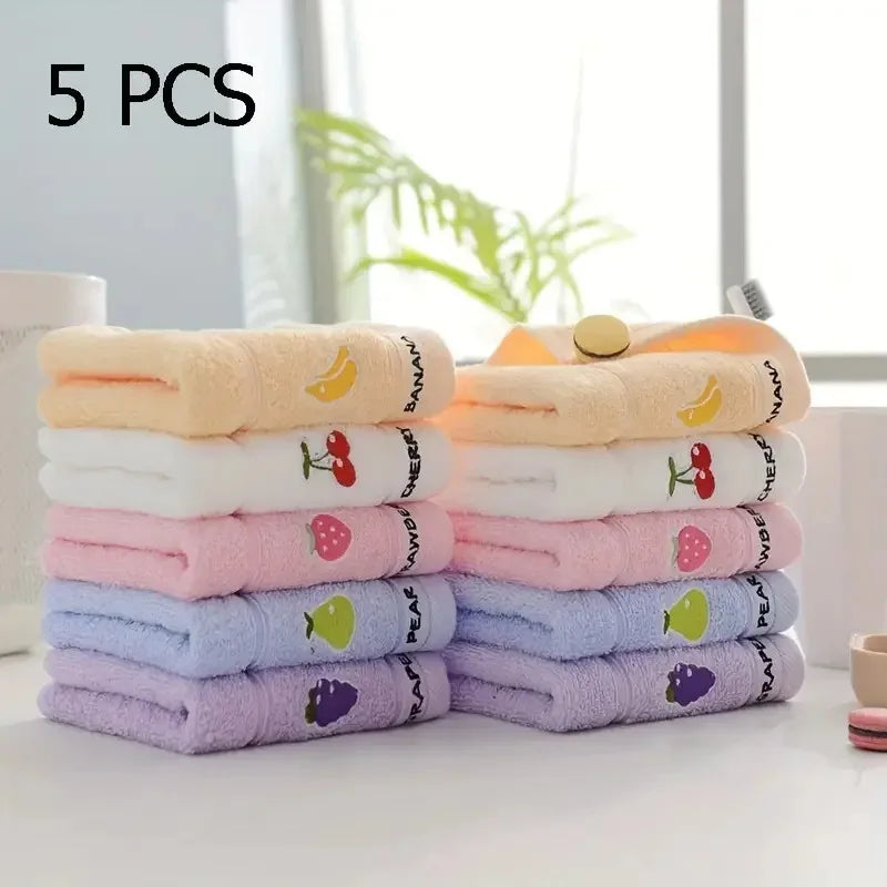 Set of 5 Soft Cotton Embroidered Fruit Themed Hand Towels - Ultra soft, absorbent and quick drying face towel with design