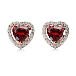 10k Rose Gold Plated 4 Ct Created Halo Heart Garnet Stud Earrings