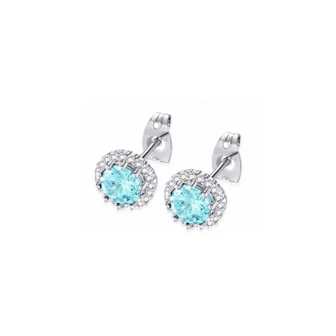 10k White Gold Plated 2 Ct Created Halo Round Aquamarine Stud Earrings