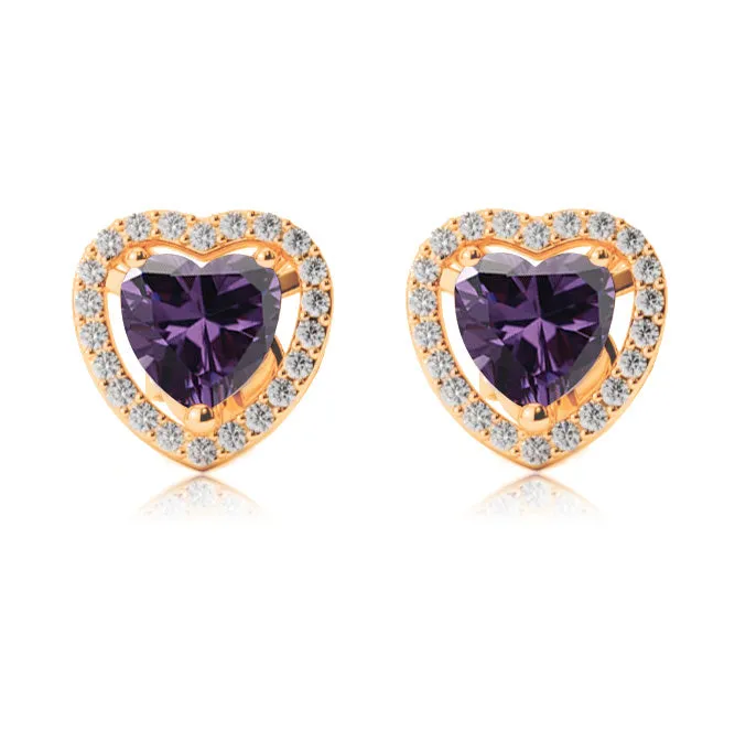 10k Yellow Gold Plated 1 Ct Created Halo Heart Amethyst Stud Earrings