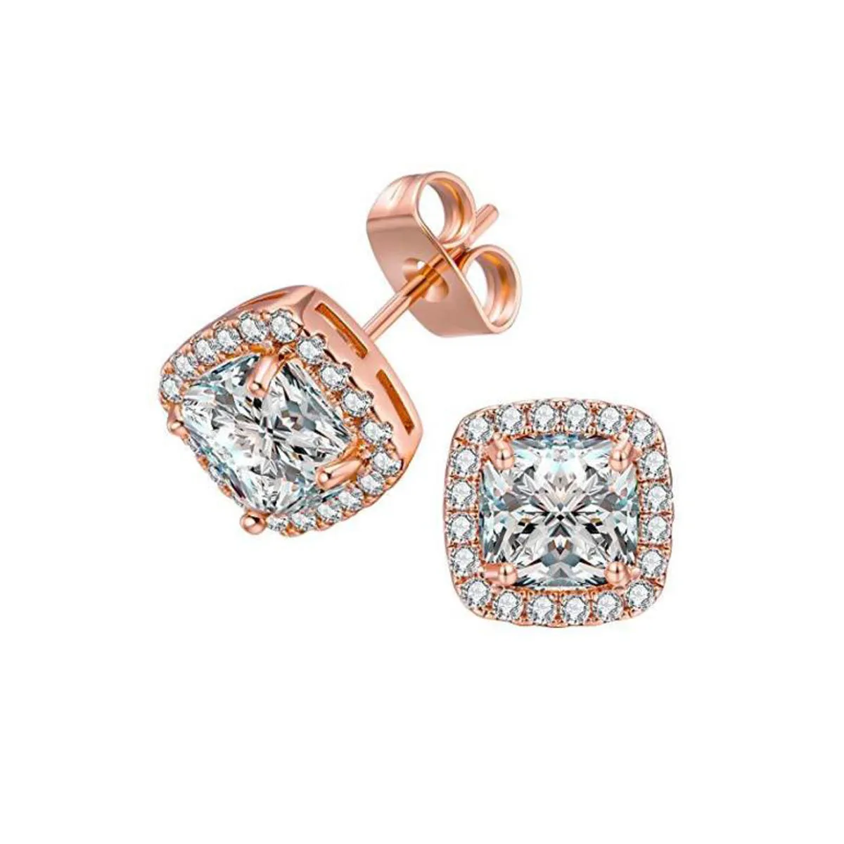 14k Rose Gold Plated 1/2 Carat Princess Cut Created Halo Sapphire Stud Earrings