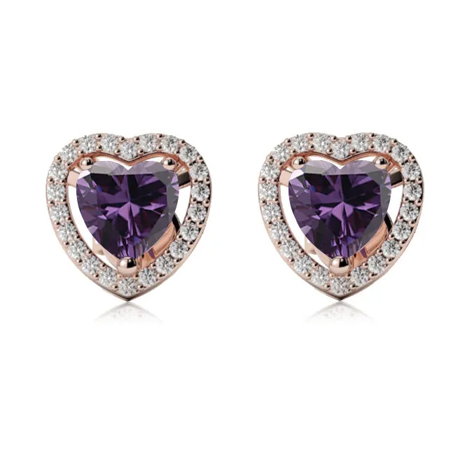 14k Rose Gold Plated 3 Ct Created Halo Heart Amethyst Stud Earrings