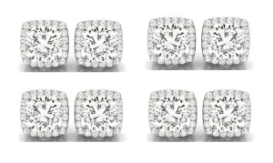 14k White Gold 3Ct Cushion Cut White Sapphire Set Of Four Halo Stud Earrings Plated