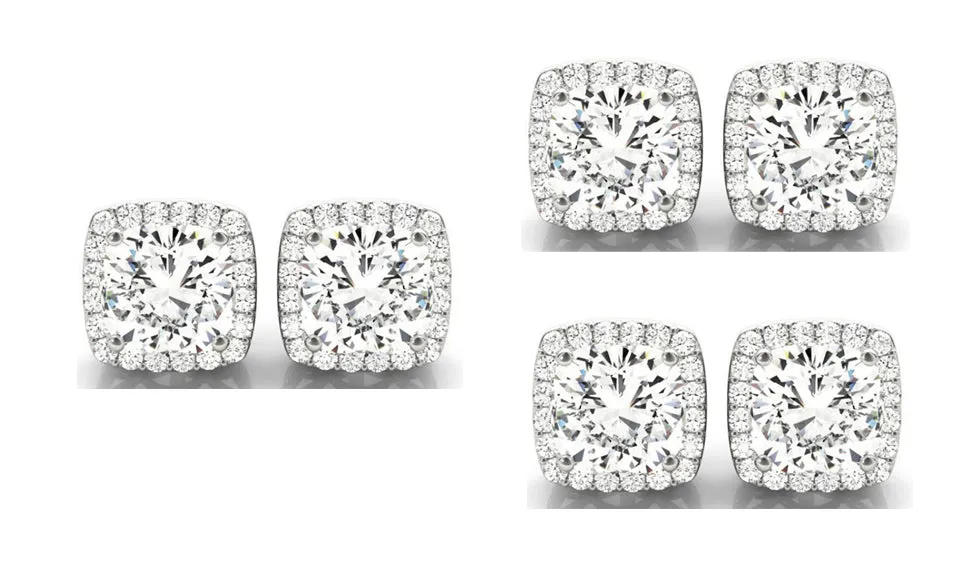 14k White Gold 6mm 1/2Ct Cushion Cut White Sapphire Set Of Three Halo Stud Earrings Plated