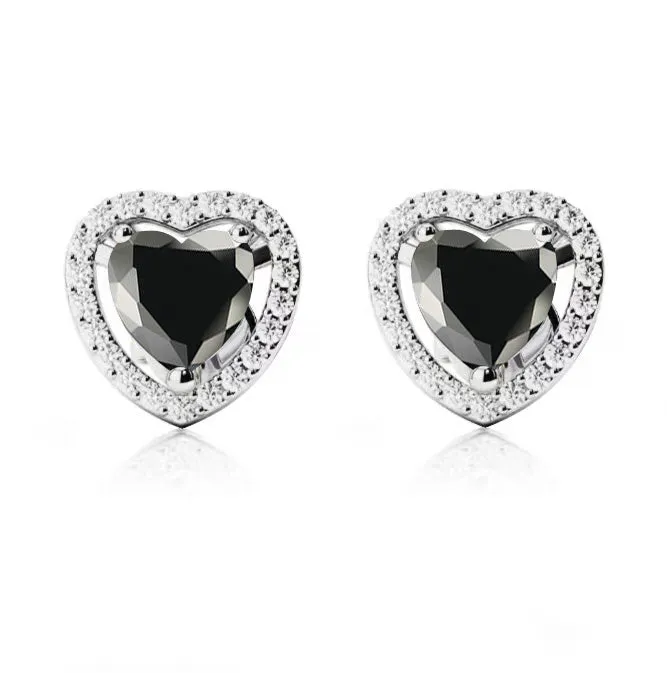 14k White Gold Plated 1/2 Ct Created Halo Heart Black Sapphire Stud Earrings