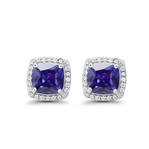 14k White Gold Plated 1/2 Ct Created Halo Princess Cut Blue Sapphire Stud Earrings