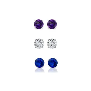 14k White Gold Plated 1/2Ct Created Amethyst, White Sapphire and Blue Sapphire 3 Pair Round Stud Earrings