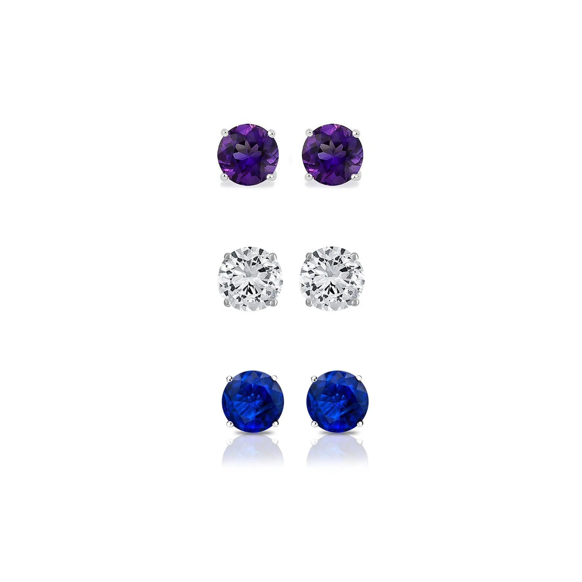 14k White Gold Plated 1/2Ct Created Amethyst, White Sapphire and Blue Sapphire 3 Pair Round Stud Earrings