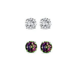 14k White Gold Plated 1/2Ct Created White Sapphire and Mystic Topaz 2 Pair Round Stud Earrings