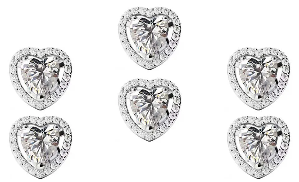 14k White Gold Plated 1/2Ct Heart White Sapphire Set of Three Halo Stud Earrings