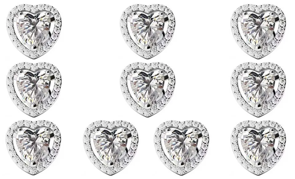 14k White Gold Plated 1Ct Heart White Sapphire Set of Five Halo Stud Earrings