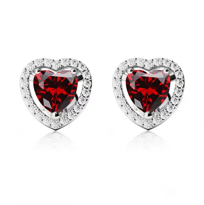 14k White Gold Plated 2 Ct Created Halo Heart Garnet Stud Earrings