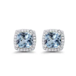 14k White Gold Plated 2 Ct Created Halo Princess Cut Aquamarine Stud Earrings