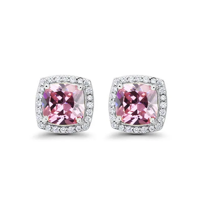 14k White Gold Plated 2 Ct Created Halo Princess Cut Pink Sapphire Stud Earrings