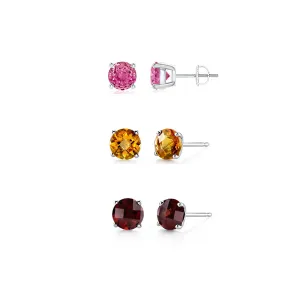 14k White Gold Plated 2Ct Created Pink Sapphire, Citrine and Garnet 3 Pair Round Stud Earrings