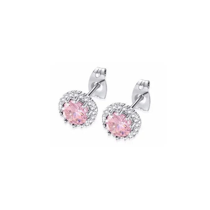 14k White Gold Plated 3 Ct Created Halo Round Pink Sapphire Stud Earrings