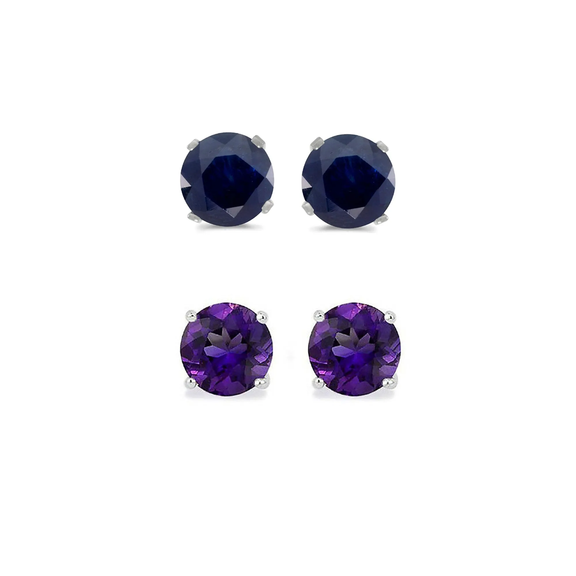 14k White Gold Plated 3Ct Created Black Sapphire and Amethyst 2 Pair Round Stud Earrings