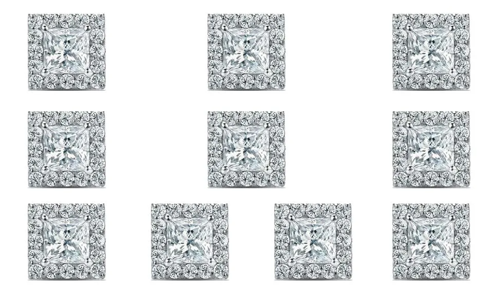 14k White Gold Plated 3Ct Princess Cut White Sapphire Set of Five Halo Stud Earrings