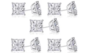 14k White Gold Plated 3Ct Princess Cut White Sapphire Set Of Five Stud Earrings