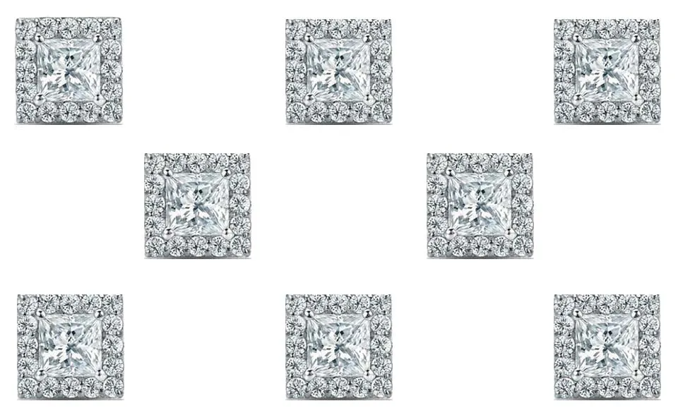 14k White Gold Plated 3Ct Princess Cut White Sapphire Set of Four Halo Stud Earrings