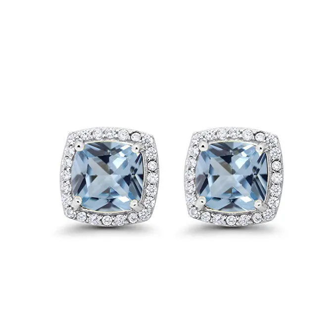 14k White Gold Plated 4 Ct Created Halo Princess Cut Aquamarine Stud Earrings