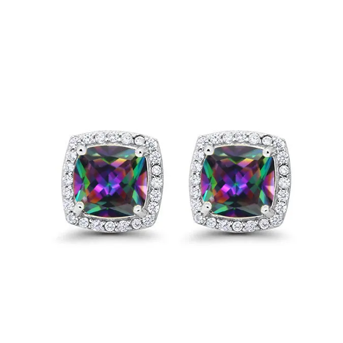 14k White Gold Plated 4 Ct Created Halo Princess Cut Mystic Topaz Stud Earrings