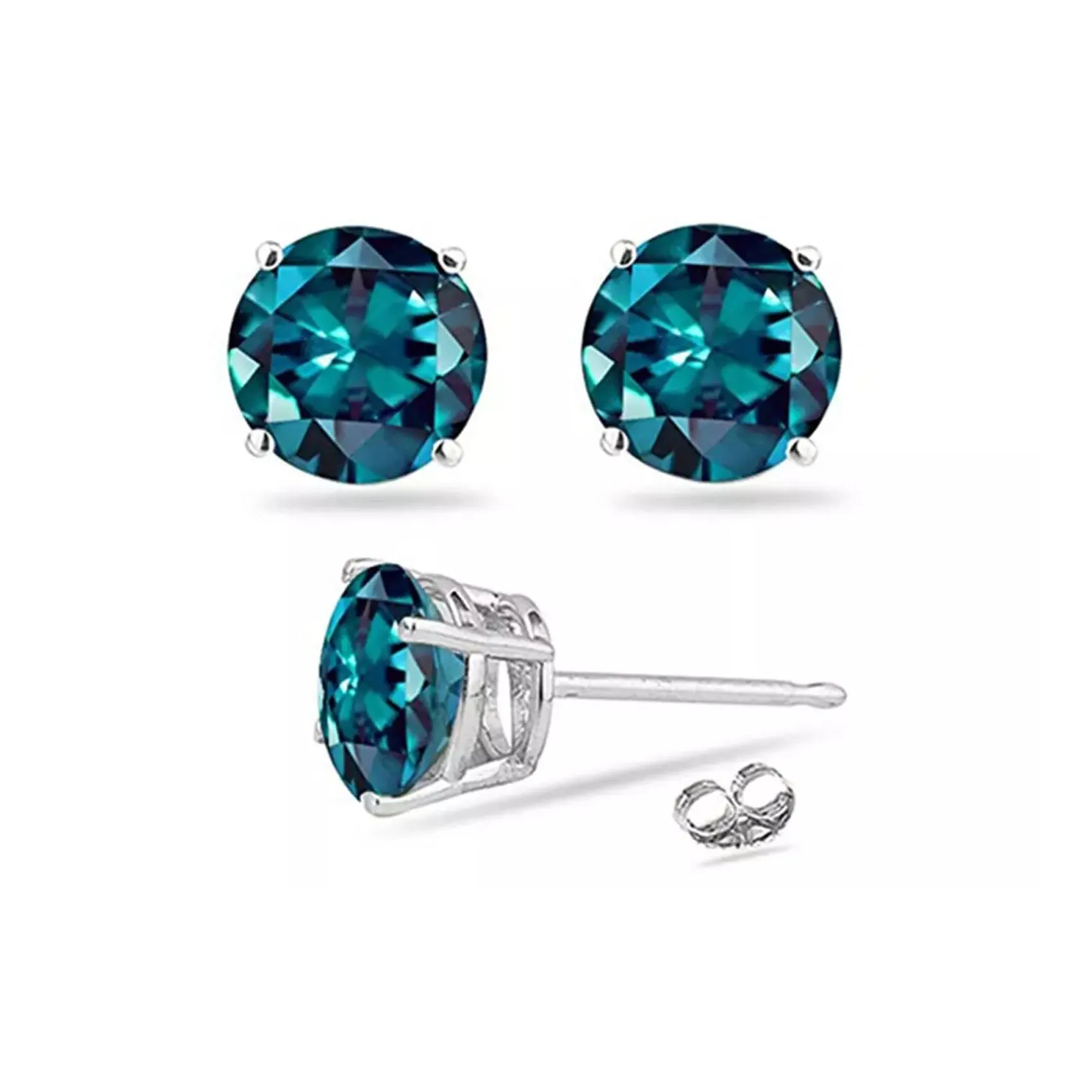 14k White Gold Plated 4 Ct Round Created Alexandrite Sapphire Stud Earrings