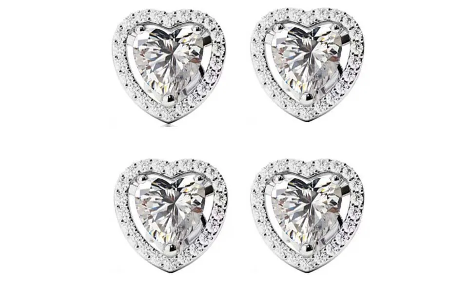 14k White Gold Plated 4Ct Heart White Sapphire Set of Two Halo Stud Earrings