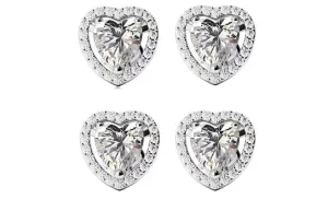 14k White Gold Plated 4Ct Heart White Sapphire Set of Two Halo Stud Earrings