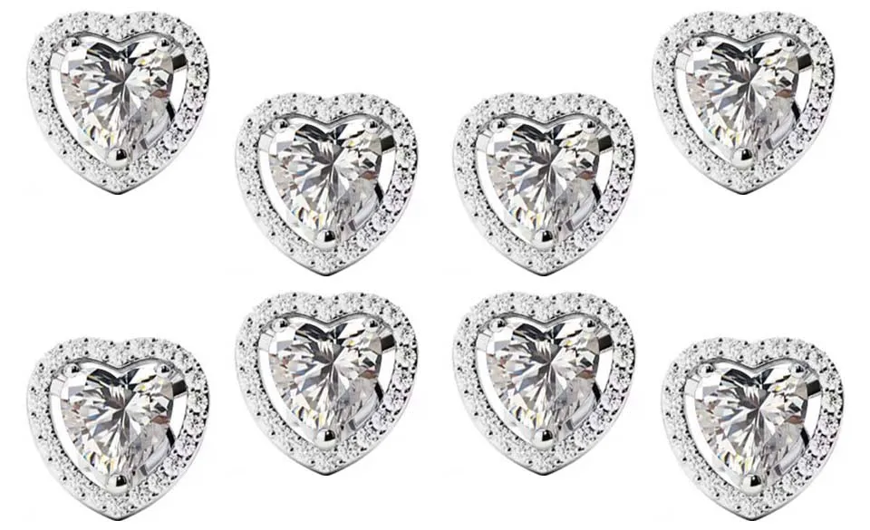 14k White Gold Plated 4mm 2Ct Heart White Sapphire Set of Four Halo Stud Earrings