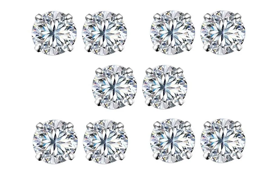 14k White Gold Plated 4mm 3Ct Round White Sapphire Set Of Five Stud Earrings