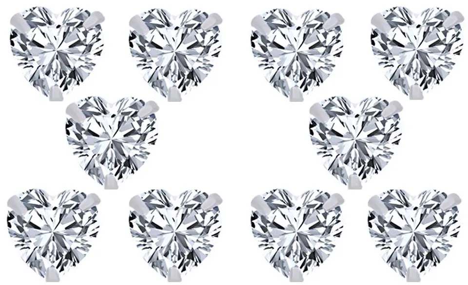 14k White Gold Plated 4mm 4Ct Heart White Sapphire Set Of Five Stud Earrings