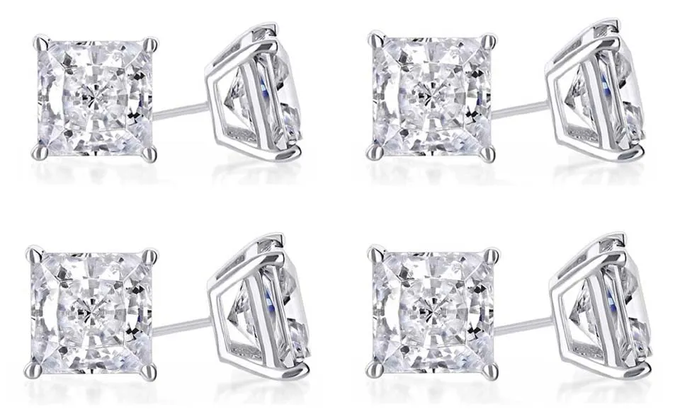 14k White Gold Plated 6mm 1/2Ct Princess Cut White Sapphire Set Of Four Stud Earrings