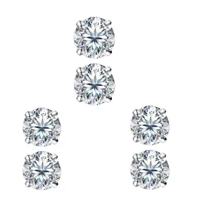 14k White Gold Plated 6mm 1Ct Round White Sapphire Set Of Three Stud Earrings