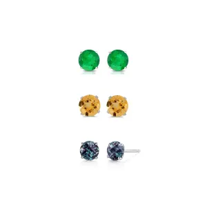 18k White Gold Plated 1/2Ct Created Emerald, Citrine and Alexandrite 3 Pair Round Stud Earrings