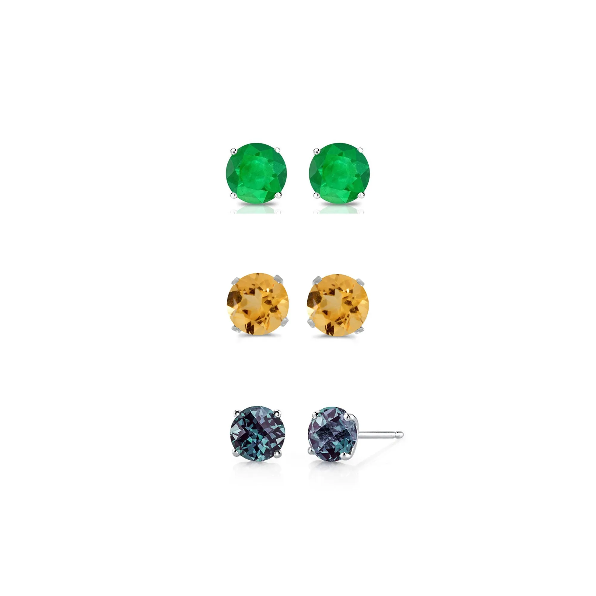 18k White Gold Plated 1/2Ct Created Emerald, Citrine and Alexandrite 3 Pair Round Stud Earrings