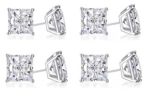 18k White Gold Plated 1Ct Princess Cut White Sapphire Set Of Four Stud Earrings