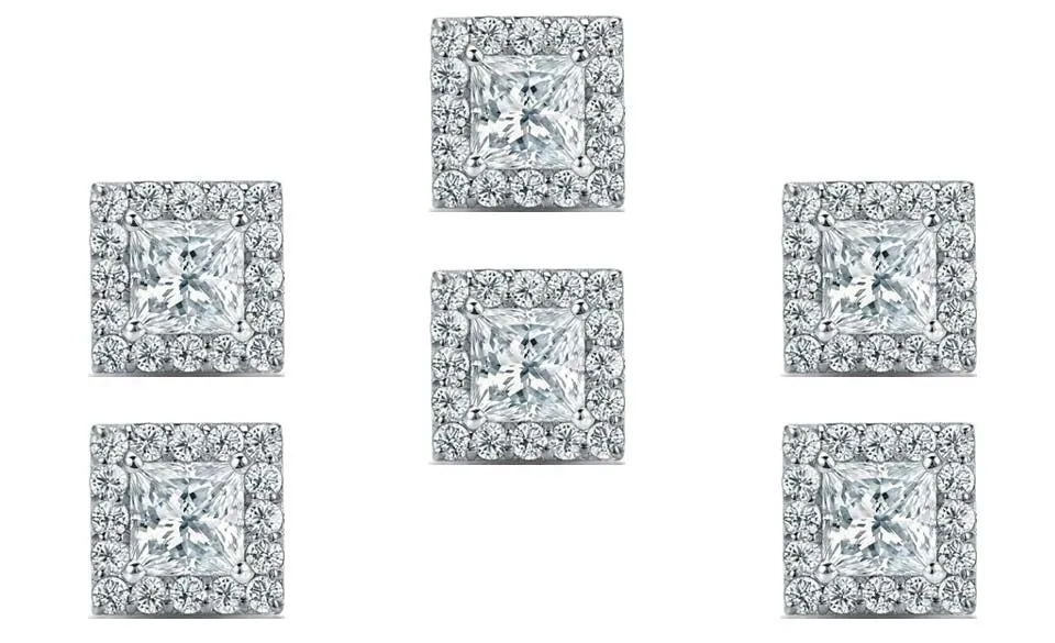 18k White Gold Plated 1Ct Princess Cut White Sapphire Set of Three Halo Stud Earrings