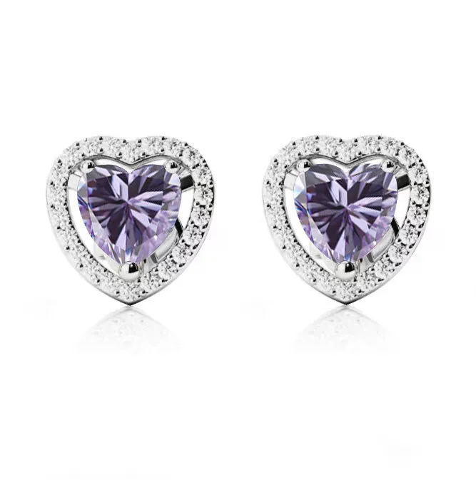 18k White Gold Plated 2 Ct Created Halo Heart Tanzanite Stud Earrings