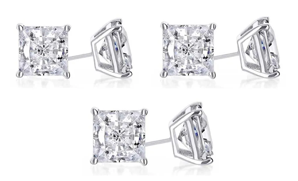 18k White Gold Plated 2Ct Princess Cut White Sapphire Set Of Three Stud Earrings