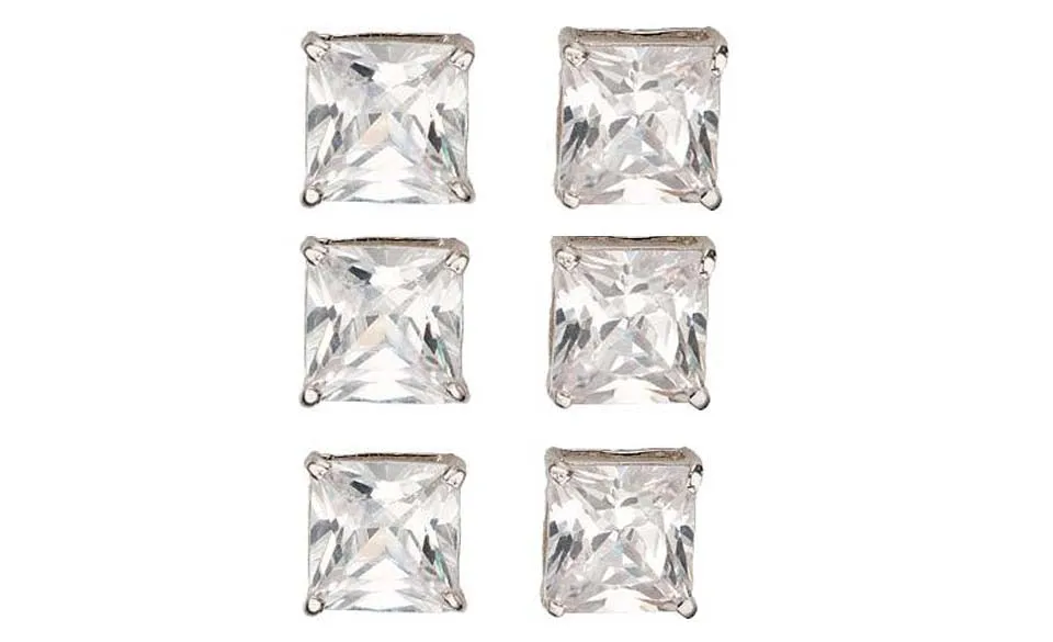 18k White Gold Plated 3Ct Square Cut White Sapphire Set Of Three Stud Earrings