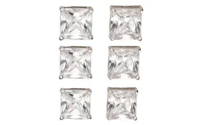 18k White Gold Plated 3Ct Square Cut White Sapphire Set Of Three Stud Earrings