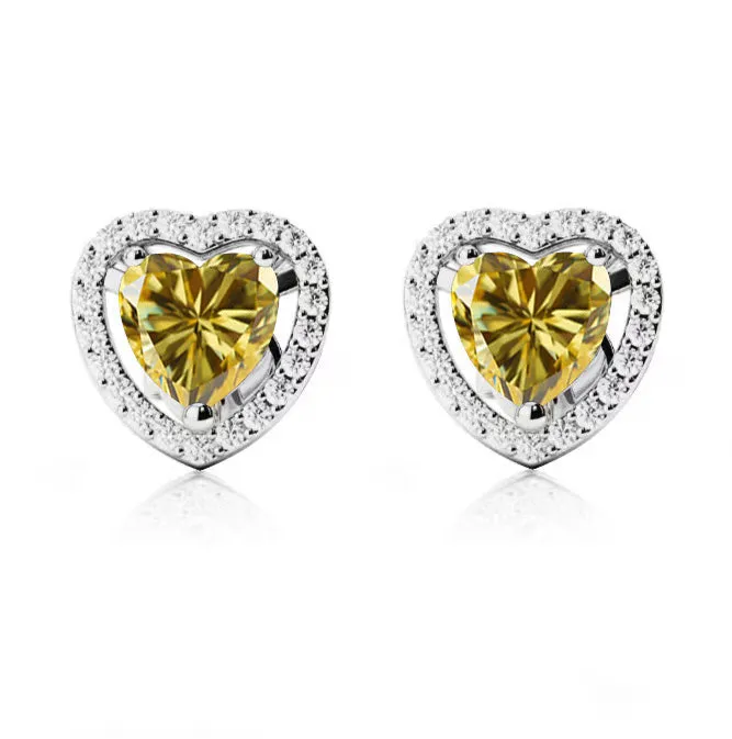 18k White Gold Plated 4 Ct Created Halo Heart Yellow Sapphire Heart Stud Earrings Plated