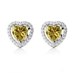 18k White Gold Plated 4 Ct Created Halo Heart Yellow Sapphire Heart Stud Earrings Plated