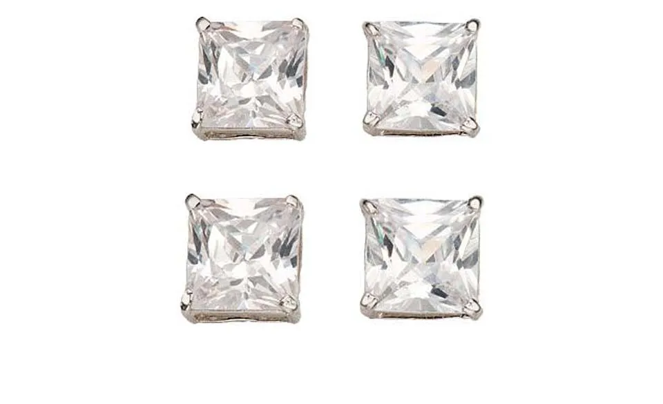 18k White Gold Plated 4mm 1/2Ct Square Cut White Sapphire Set Of Two Stud Earrings