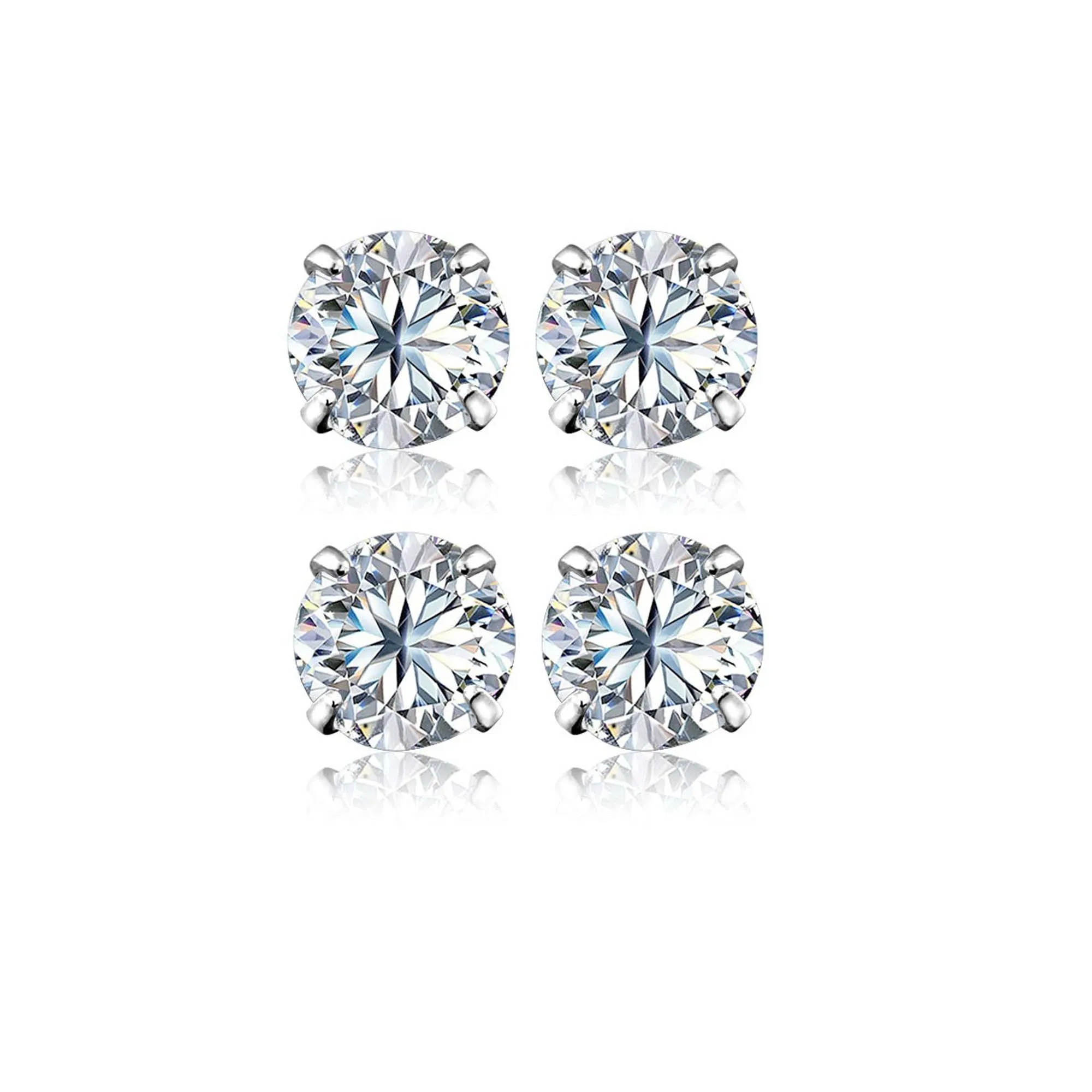 18k White Gold Plated 4mm 2Ct Round White Sapphire Set Of Two Stud Earrings