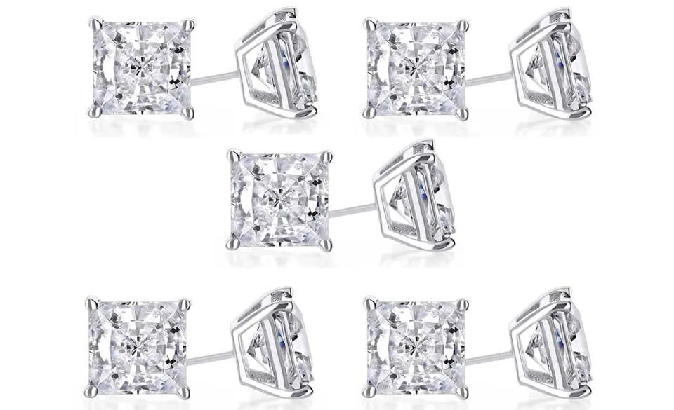 18k White Gold Plated 6mm 3Ct Princess Cut White Sapphire Set Of Five Stud Earrings