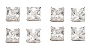 18k White Gold Plated 6mm 4Ct Square Cut White Sapphire Set Of Four Stud Earrings