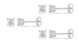 18k White Gold Plated Created White Sapphire 1/2Ct Square Cut Set of Three Stud Earrings