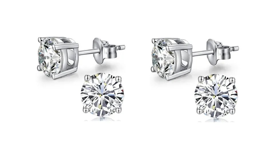 18k White Gold Plated Created White Sapphire 1Ct Round Pack of Two Stud Earrings